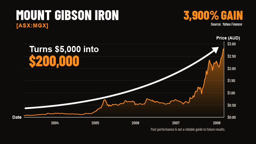 Mount Gibson Iron (ASX:MGX) share price chart, 2003–2008: a 3,900% gain turns $5,000 into $195,000